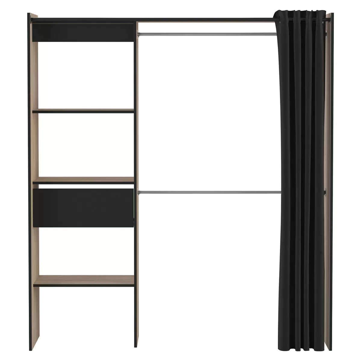 Brico Chicago Kledingkast Uitschuifbaar + Gordijn Geborsteld Eik / Mat Zwart Outlet