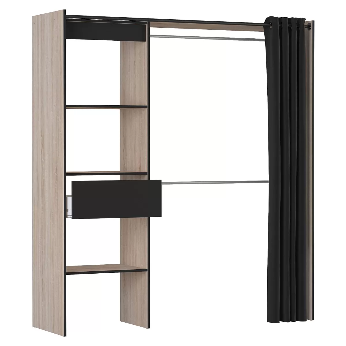Brico Chicago Kledingkast Uitschuifbaar + Gordijn Geborsteld Eik / Mat Zwart Outlet