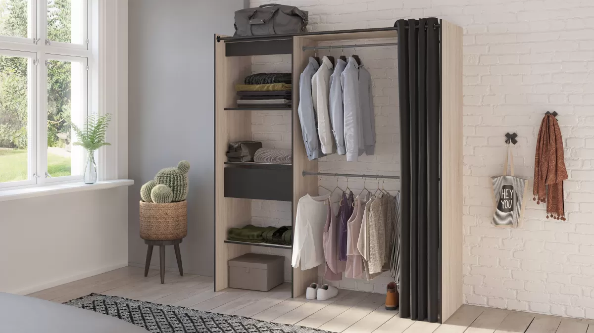 Brico Chicago Kledingkast Uitschuifbaar + Gordijn Geborsteld Eik / Mat Zwart Outlet
