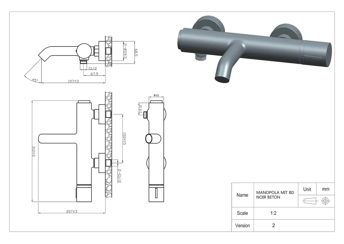 Brico Essebagno Badmengkraan Manopola Zwart Concrete Outlet