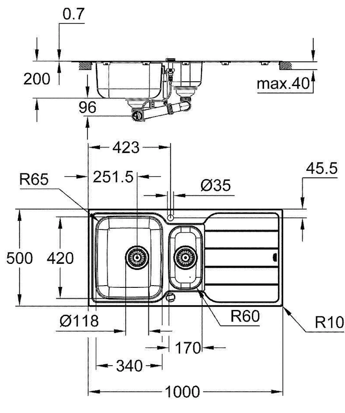 Brico Grohe Spoelbak K500 Met Druiprek 970X500Mm Rvs Sale