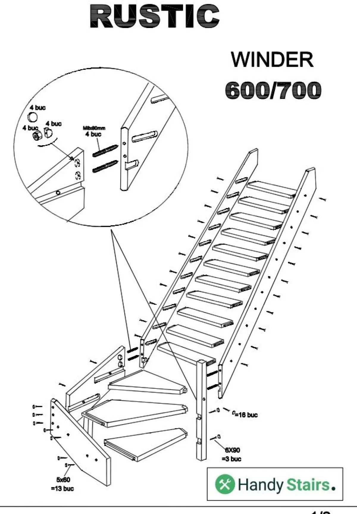 Brico Zoldertrappen-Handystairs Molenaarstrap "Rustic60" - Kwartslag Rechts - Hoogte 280Cm - 13 Treden Van Grenenhout
