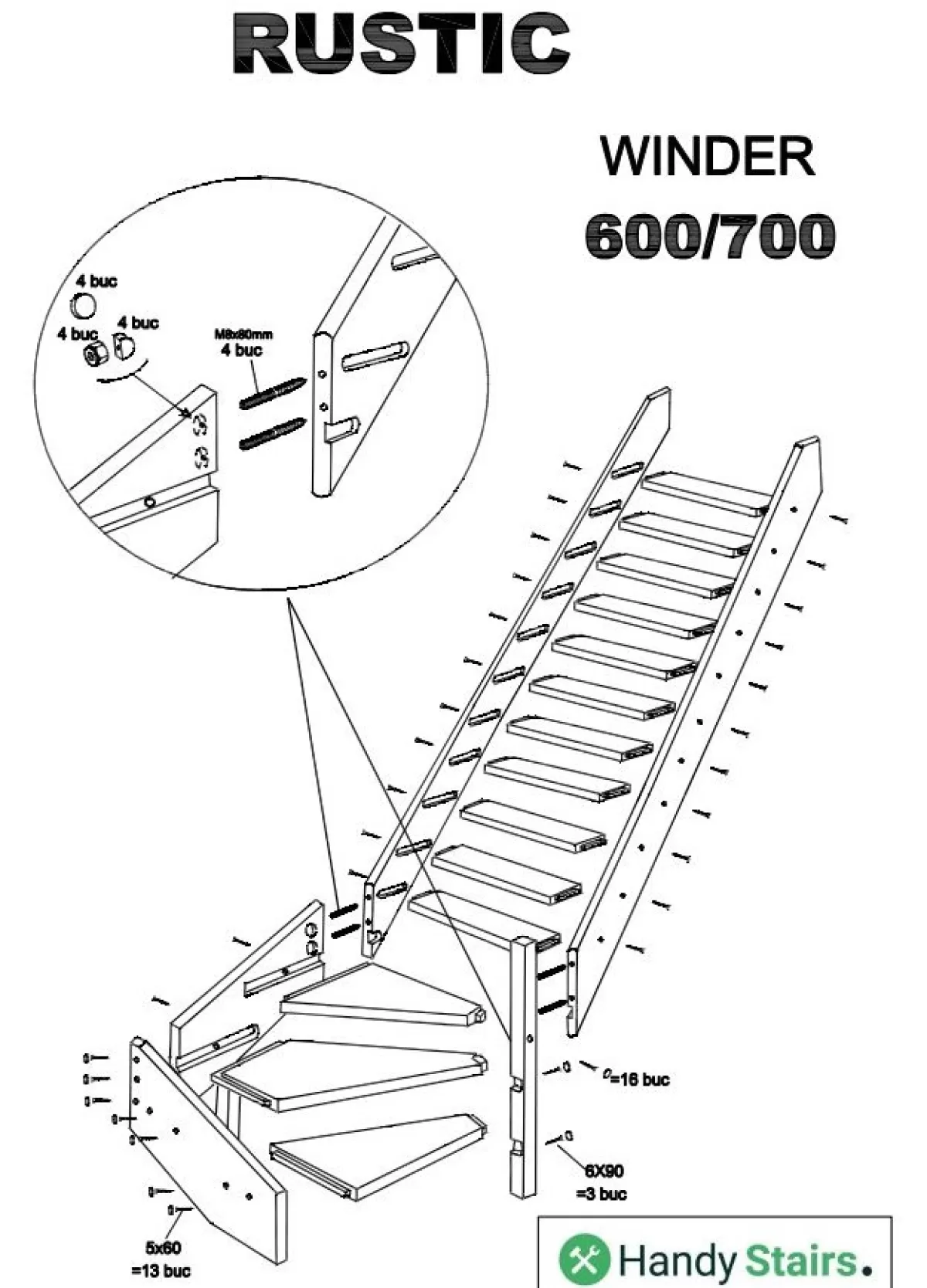 Brico Zoldertrappen-Handystairs Molenaarstrap "Rustic70" - Kwartslag Rechts - Hoogte 280Cm - 13 Treden Van Grenenhout