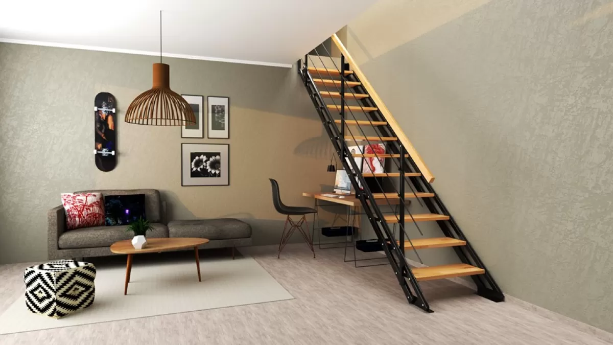 Brico Zoldertrappen-Handystairs Rechte Trap "Synth" - Trap Van Zwart Metaal Met Grenen Treden - Hoogte 856 - 1066Mm