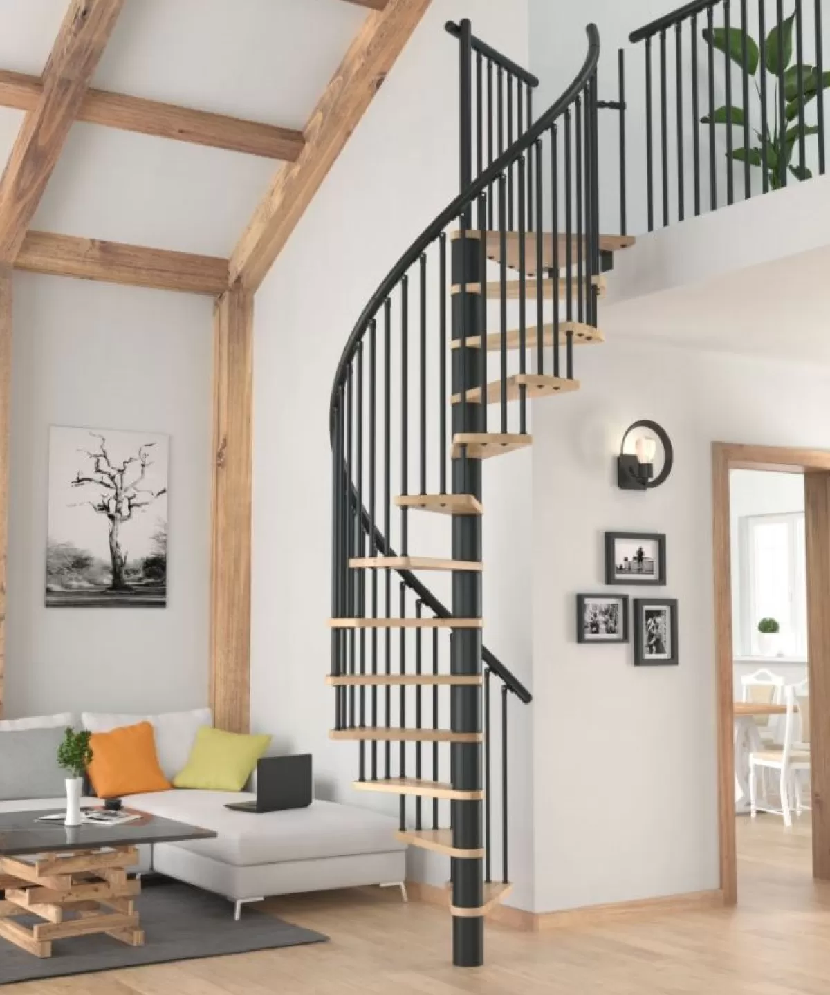 Brico Zoldertrappen-Handystairs Wenteltrap "Spirale" - Diameter 120Cm - Hoogte 309Cm - 12 Beuken Treden - Zwart Staal