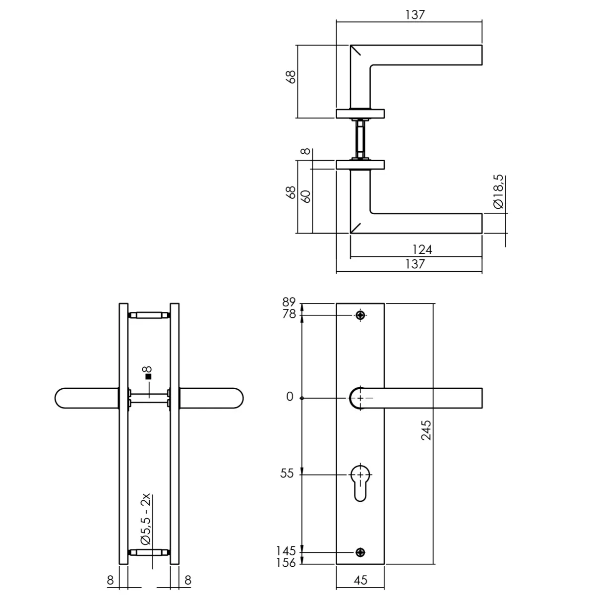 Brico Deurbeslag-Intersteel Deurklink Op Plaat Bastian 245X45Mm Profielcilindergat 55Mm Matzwart