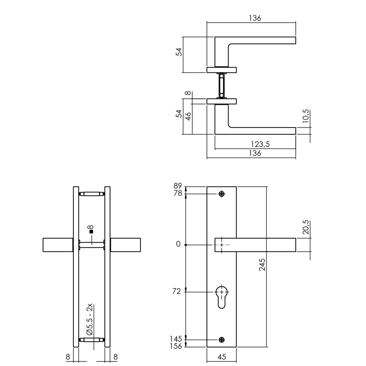 Brico Deurbeslag-Intersteel Deurklink Op Plaat Hera 245X45 Mm Profielcilindergat 72Mm Matzwart