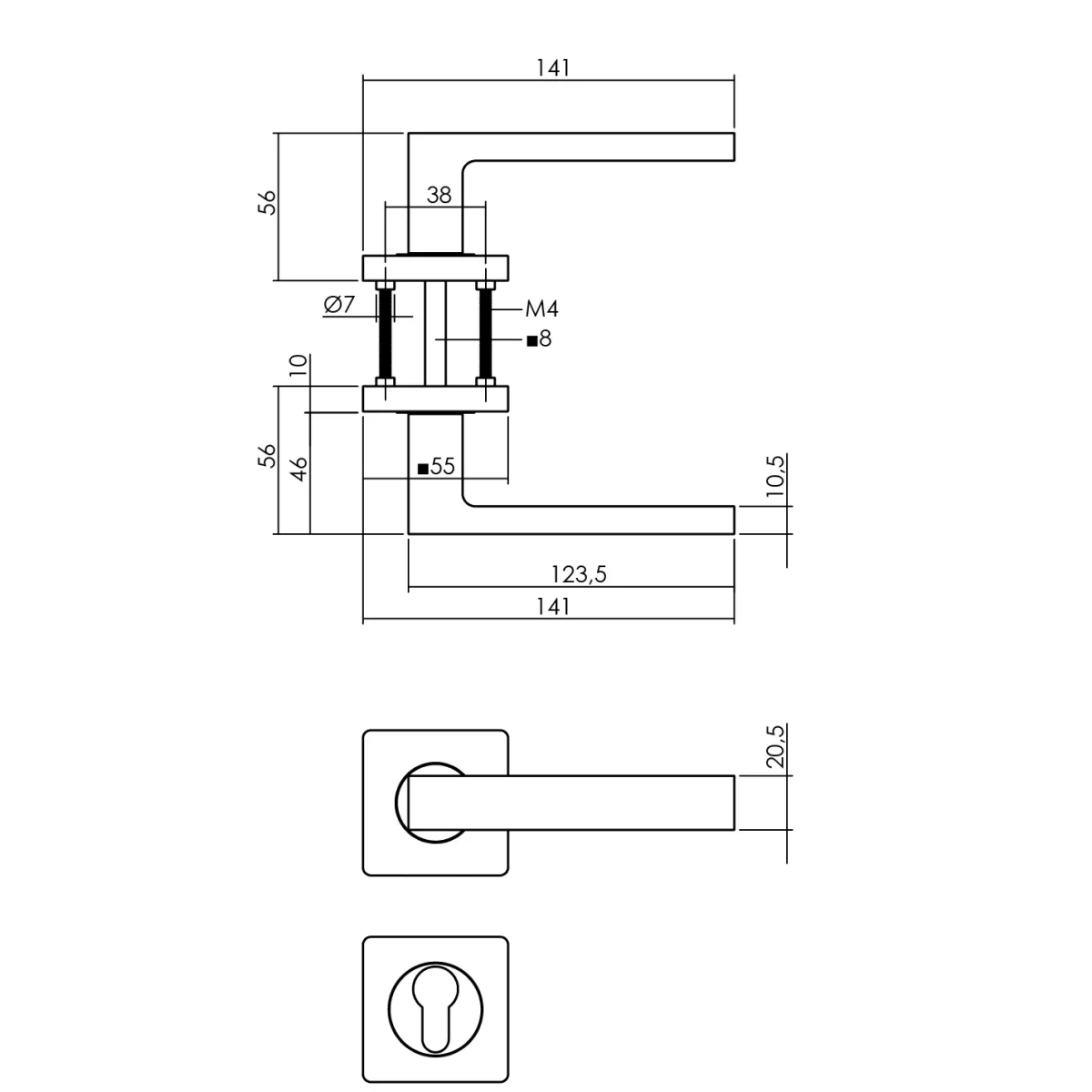 Brico Deurbeslag-Intersteel Deurklink Op Vierkante Rozet, Nokken 7Mm + Cilinderrozetten Zwart Mat