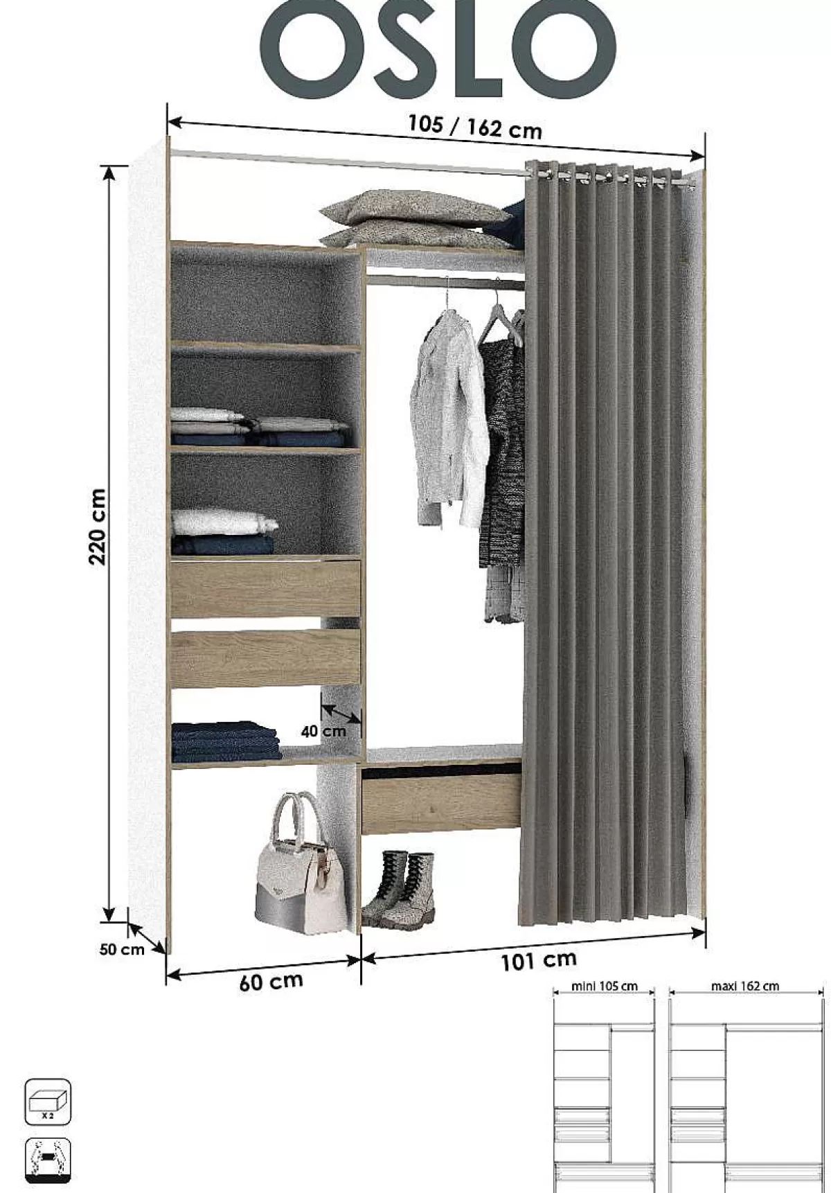 Brico Kast Oslo Wit/Eik Uitrekbaar Met Gordijn 3 Lades 6 Planken Store