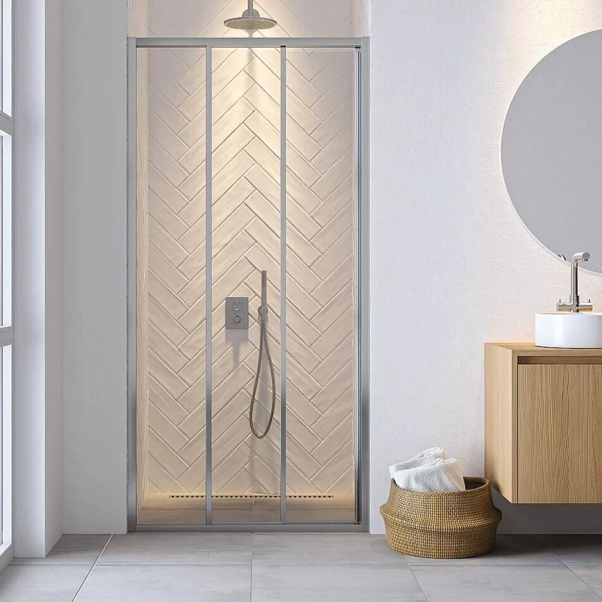 Brico Sealskin Hooked Driedelige Schuifdeur 95X200Cm | 6Mm Helder Veiligheidsglas Met Antikalklaag Zilver Hoogglans Sale