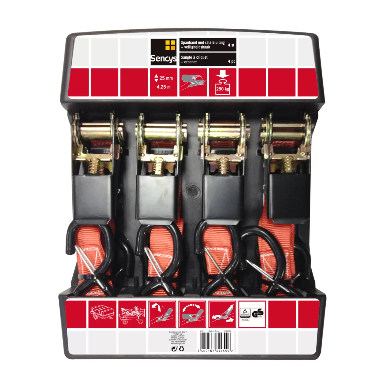 Brico Spanbanden-Sencys Spanband Met Ratel En Haak Pes Rood 25Mmx4,25M 4St