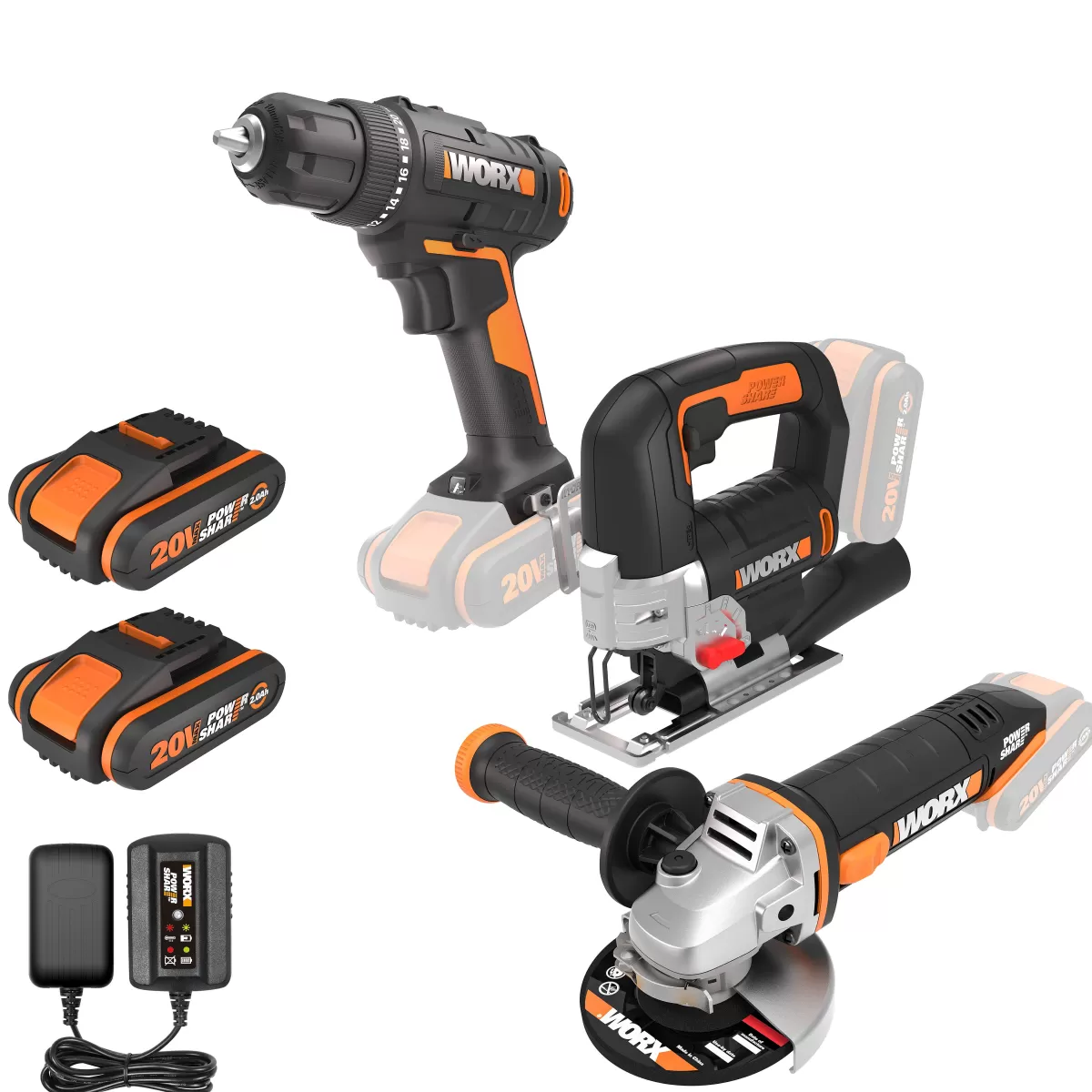 Brico Worx Boormachine, Decoupeerzaag En Haakseslijper Set Wx955 20V (2 Accu'S) New